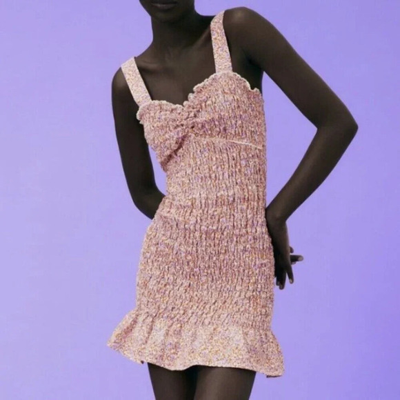 Zara Ditzy Floral Smocked Elasticized Mini Dress Orange Lilac Size Medium - Picture 3 of 9
